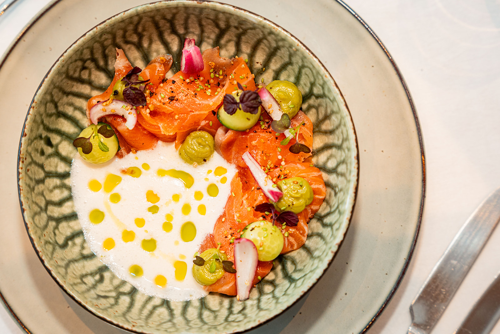 Verfijnd voorgerecht met zalm, radijs en avocado in handgemaakte groene kom